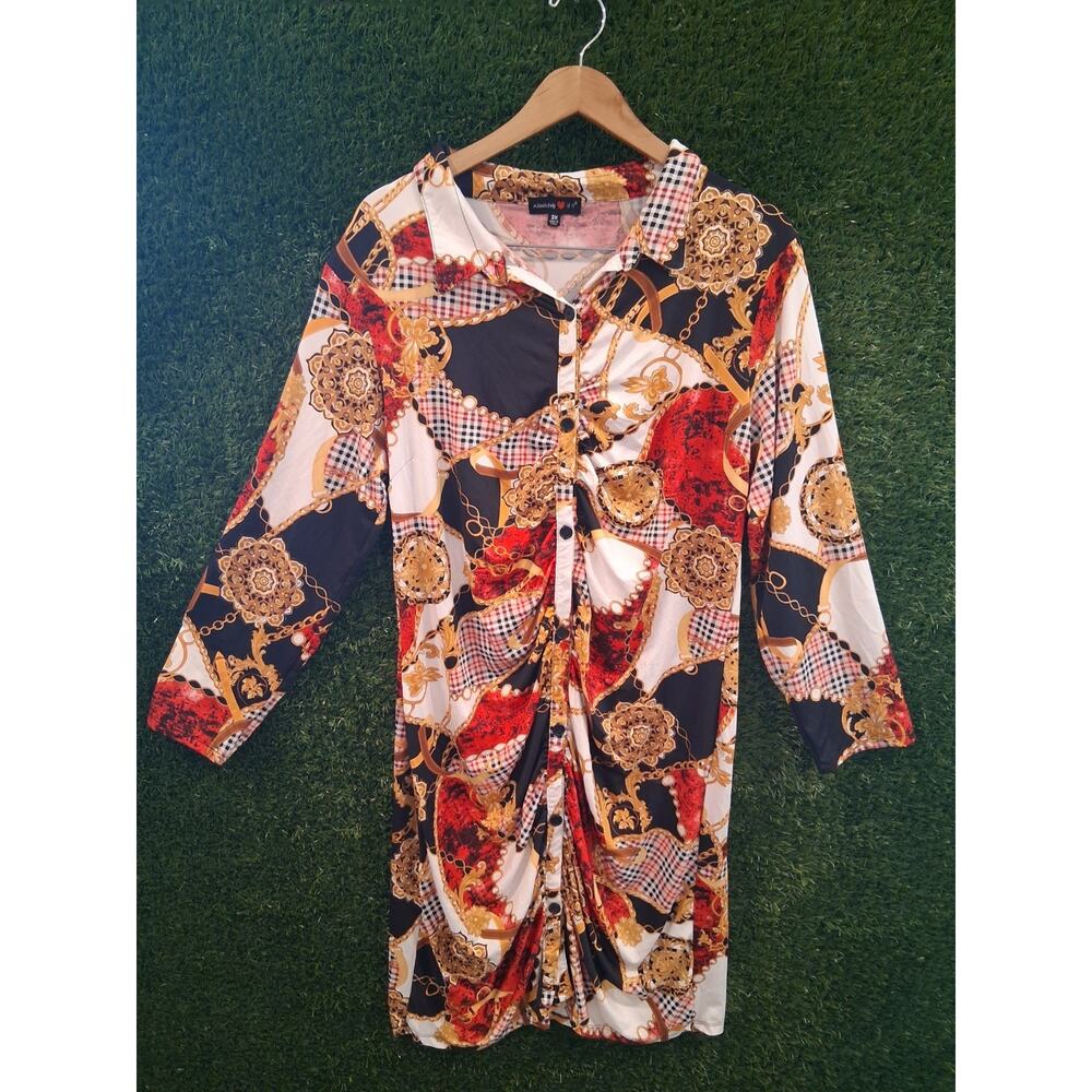 Absolutely Love It Baroque Chain Print Shirt Dress Ruched Plus Size 3X Red Gold